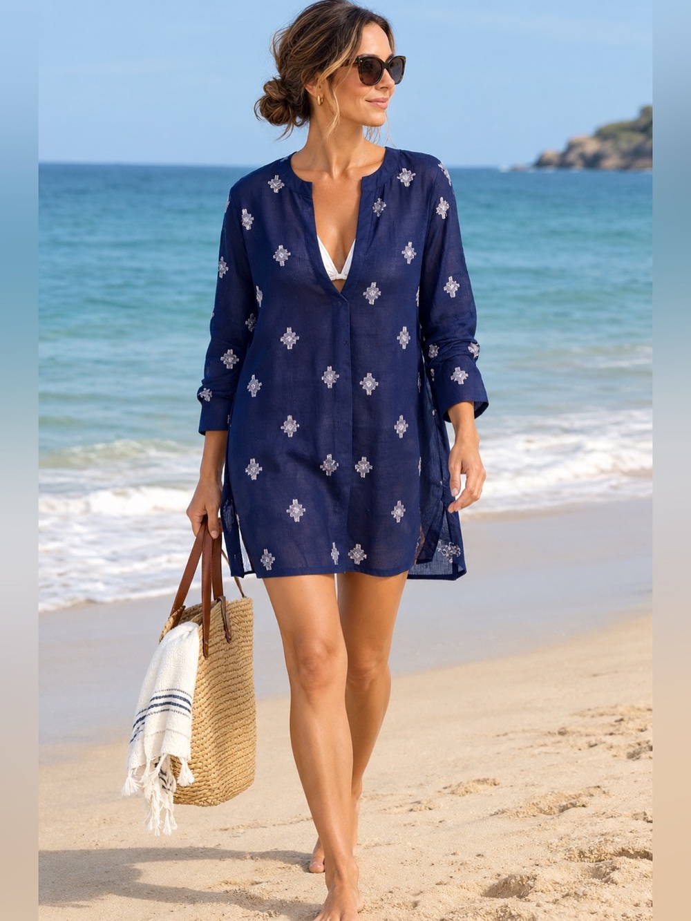 Pure Jill J.Jill Navy Embroidered Cotton Tunic Dress Size L Boho Beach Cover Up
